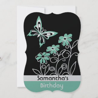 Striking Aqua Green Butterfly and Flowers Invitation