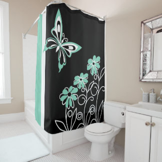 Striking Aqua green Butterfly and Flowers Shower Curtain