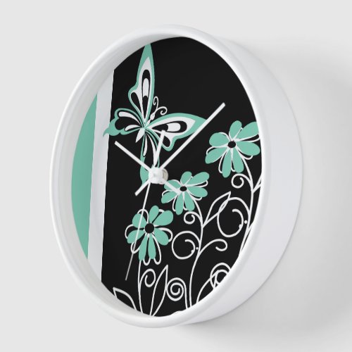 Striking Aqua Green Butterfly and Flowers Wall Clock