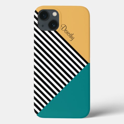 Striking Beeswax Yellow Teal Black White Striped iPhone 13 Case