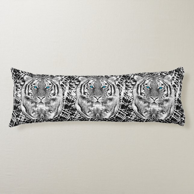 Striking Black And White Blue Eyes Tiger Body Pillow (Front)