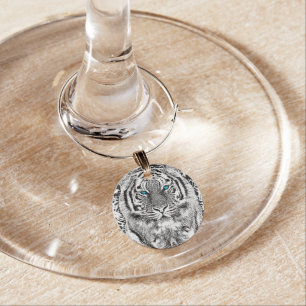 Striking Black And White Blue Eyes Tiger Wine Glass Charm