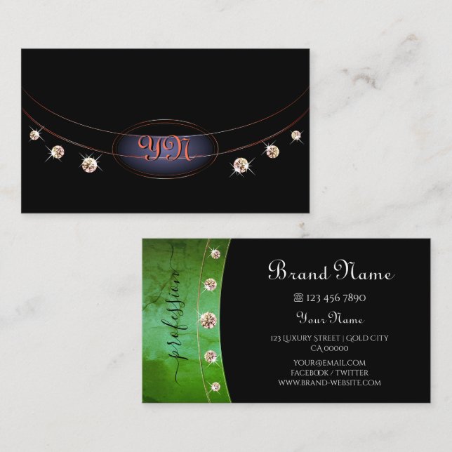 Striking Black Bright Copper Green Marble Monogram Business Card (Front/Back)