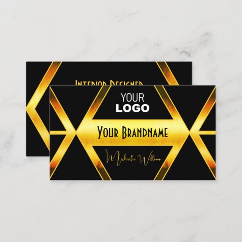Striking Black Geometric Orange Shimmer with Logo  Business Card