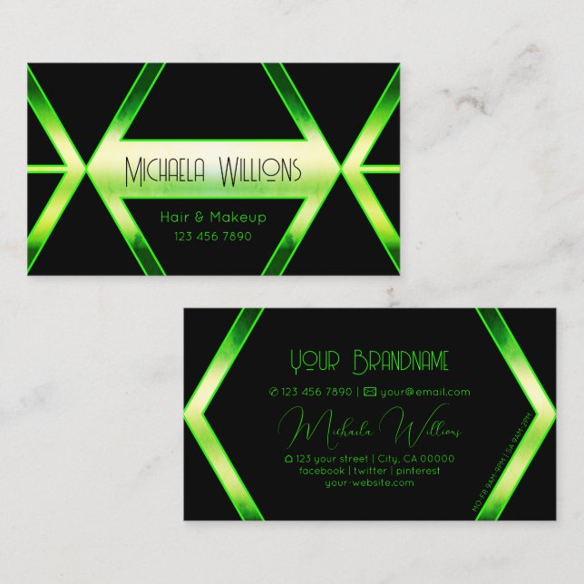 Striking Black Geometric Shimmery Green Stylish Business Card (Front/Back)