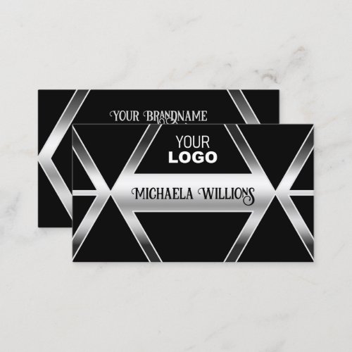 Striking Black Geometric Silver Shimmer with Logo Business Card