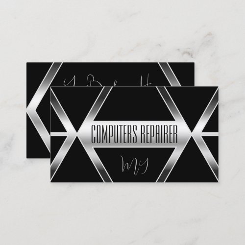 Striking Black Geometric with Silver and Monogram Business Card