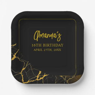 Striking Black & Gold Marble Sweet 16 Birthday Paper Plates