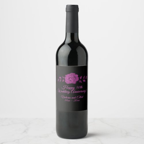 Striking Black Pink Rose Anniversary Wine Label