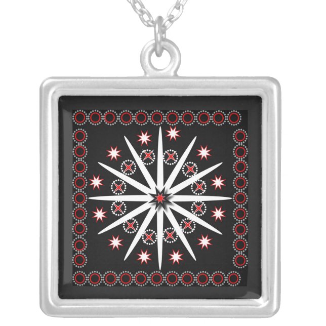 Striking black red grey and white patterned    silver plated necklace (Front)