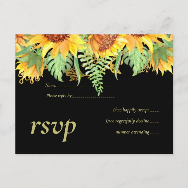 Striking Black with Sunflowers Wedding Budget Invitation Postcard (Front)