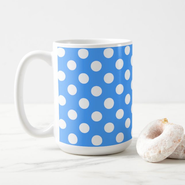 Striking Blue And Big White Polka Dots Coffee Mug (With Donut)