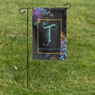 Striking Blue and Purple Floral, Monogram T Garden Flag