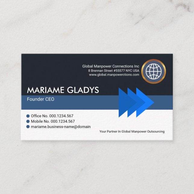 Striking Blue Arrowheads Stripe Column Founder CEO Business Card (Front)