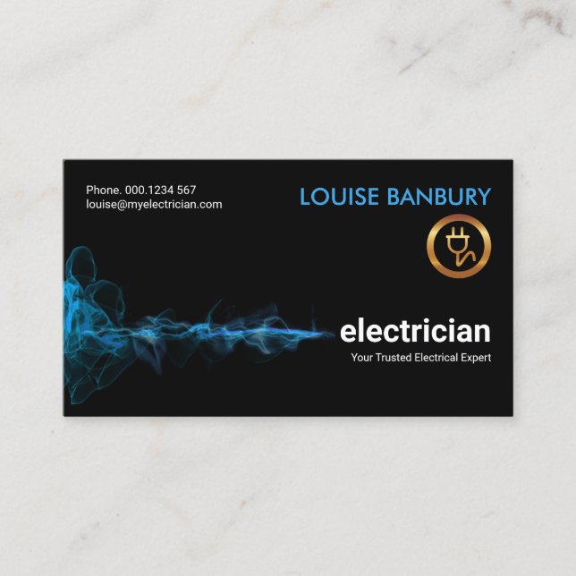 Striking Blue Electric Lightning Wave Electrician Business Card (Front)