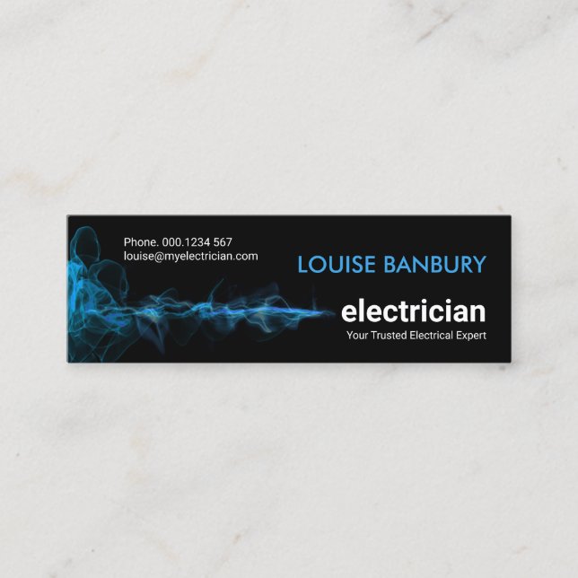 Striking Blue Electric Lightning Wave Electrician Mini Business Card (Front)