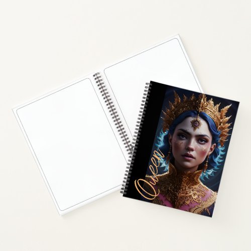 Striking blue portrait of gold crown queen notebook