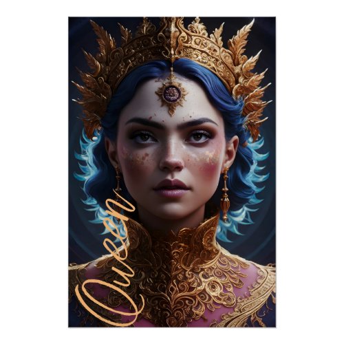 Striking blue portrait of gold crown queen poster