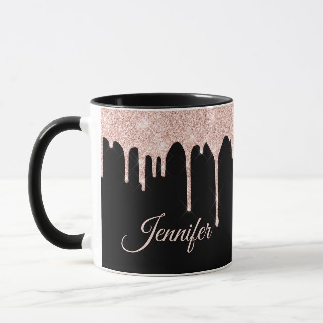 Striking Blush Pink Glitter on Black Monogrammed  Mug (Left)