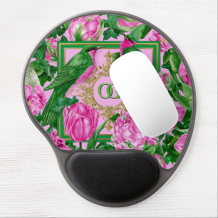 Striking Botanical Pink and Green Monogrammed  Gel Mouse Pad