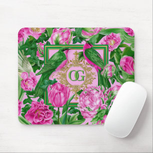 Striking Botanical Pink and Green Monogrammed  Mouse Pad