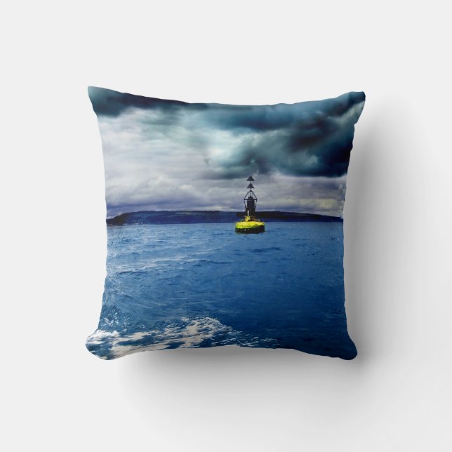 Striking Buoy Amongst Crashing Waves with Clouds Throw Pillow (Front)