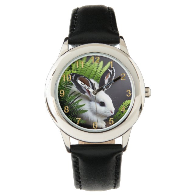 Striking Contrast: The White Bunny with Black Ears Watch (Front)