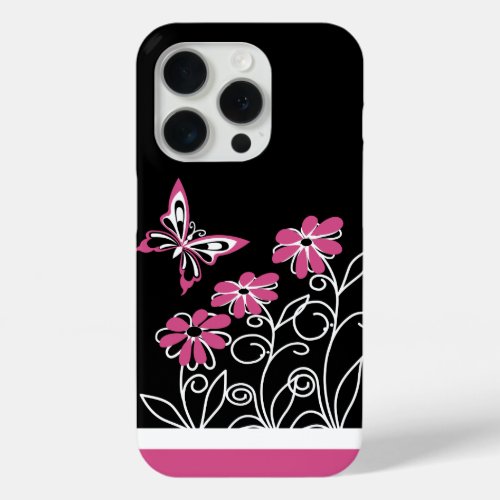 Striking Cranberry Pink Butterfly and Flowers iPhone 15 Pro Case