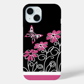 Striking Cranberry Pink Butterfly and Flowers iPhone 15 Case