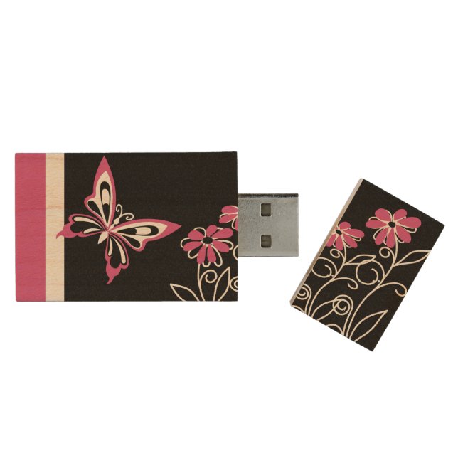 Striking Cranberry Pink Butterfly and Flowers Wood USB Flash Drive (Opened)