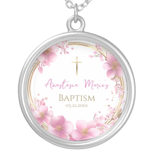 Striking Dark and Light Pink Flowers Baptism Gift  Silver Plated Necklace (Front)