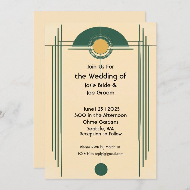 Striking deco yellow sun wedding invitation (Front/Back)