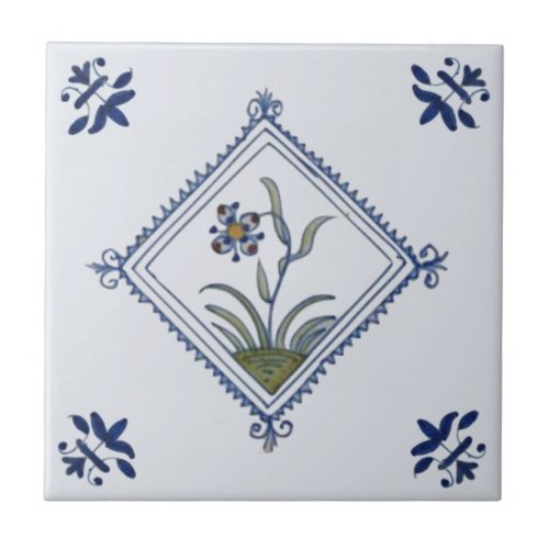 Striking Delft Diamond Framed Floral Blue Multi  Ceramic Tile