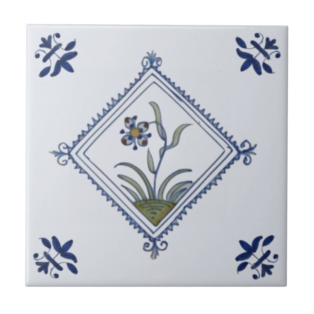 Striking Delft Diamond Framed Floral Blue Multi  Ceramic Tile (Front)
