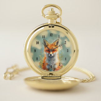 Striking Eyes of a Cunning Red Fox Black Numbers Pocket Watch