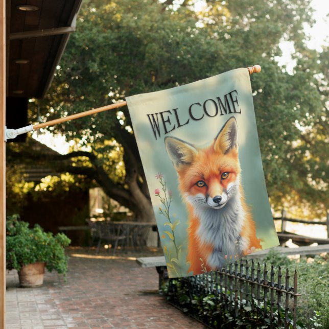 Striking Eyes of a Cunning Red Fox Welcome House Flag (In SItu)