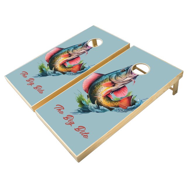 Striking Fish Grabbing the Bags Cornhole Set (Angled)