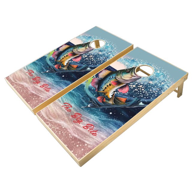 Striking Fish Grabbing the Bags Cornhole Set (Angled)