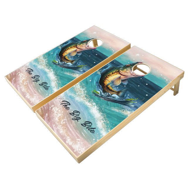 Striking Fish Grabbing the Bags Cornhole Set (Angled)