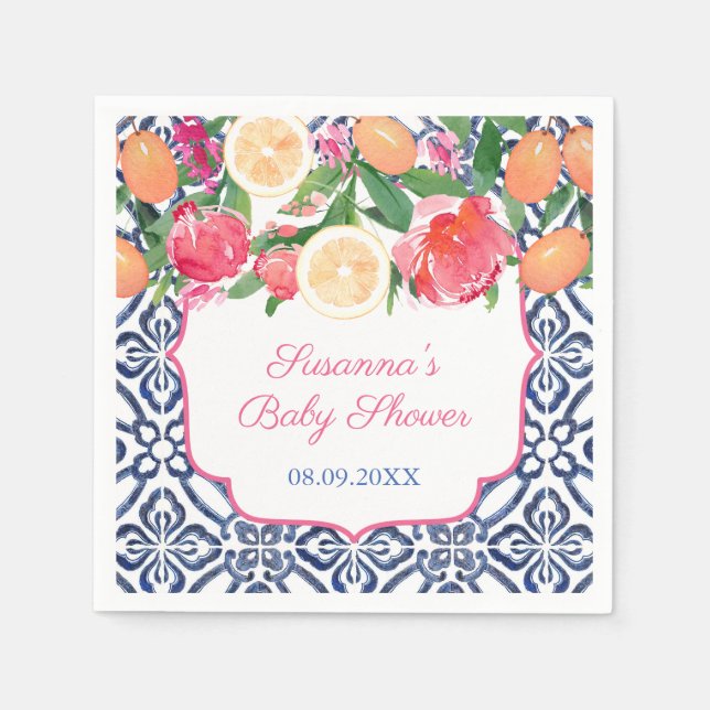 Striking Florals Citrus Blue Tiles Bridal Shower Napkins (Front)