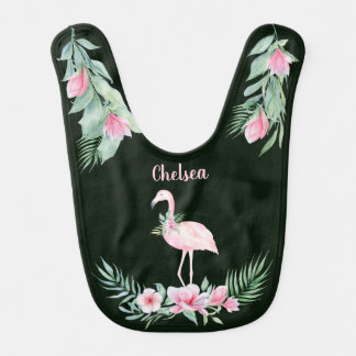 Striking Girls Pink Flamingo Flowers and Ferns  Baby Bib