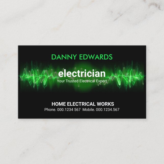 Striking Green Electric Wave Pulse Electrician Business Card (Front)