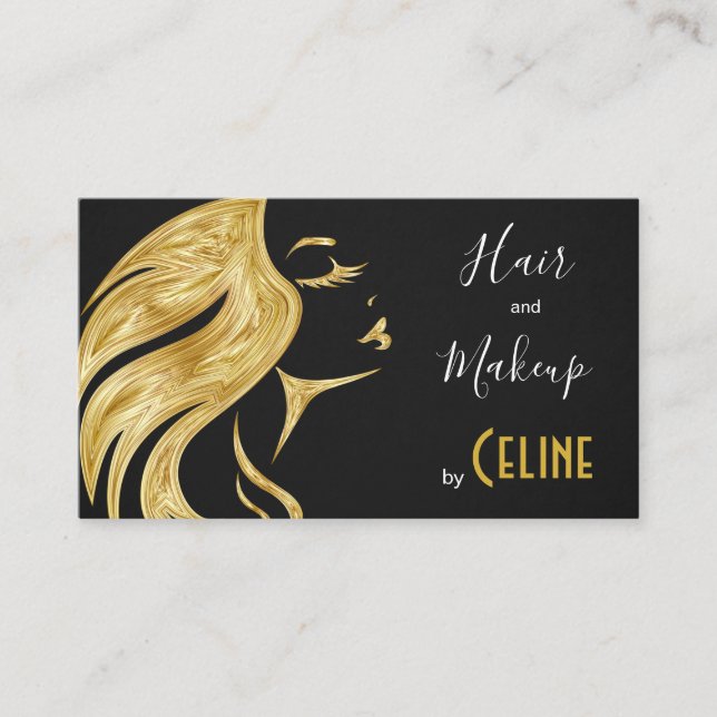 Striking Hair and Makeup Black and Gold Business C Card (Front)