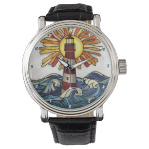 Striking Lighthouse Sun Ocean Waves Watch