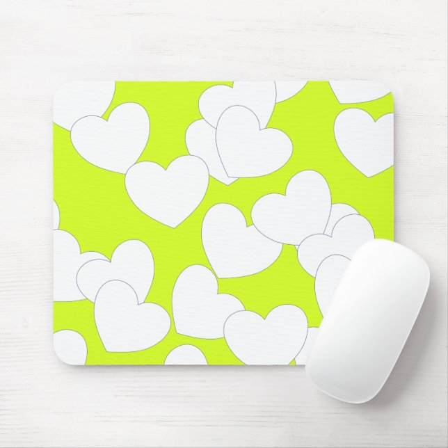 Striking Lime Green Mousepad With Big White Hearts (With Mouse)
