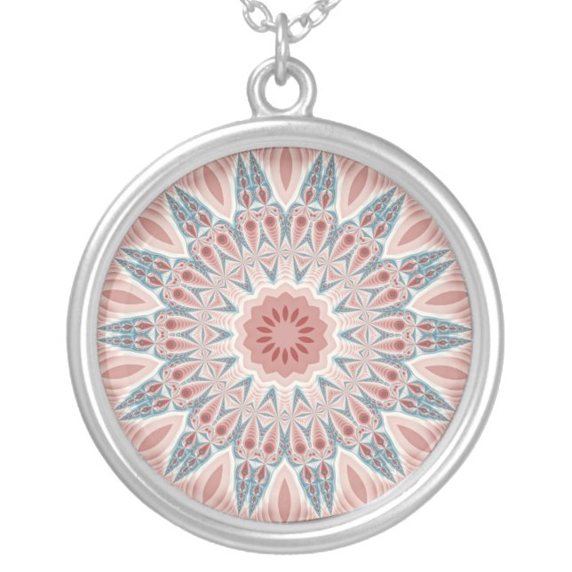 Striking Modern Kaleidoscope Mandala Fractal Art Silver Plated Necklace (Front)