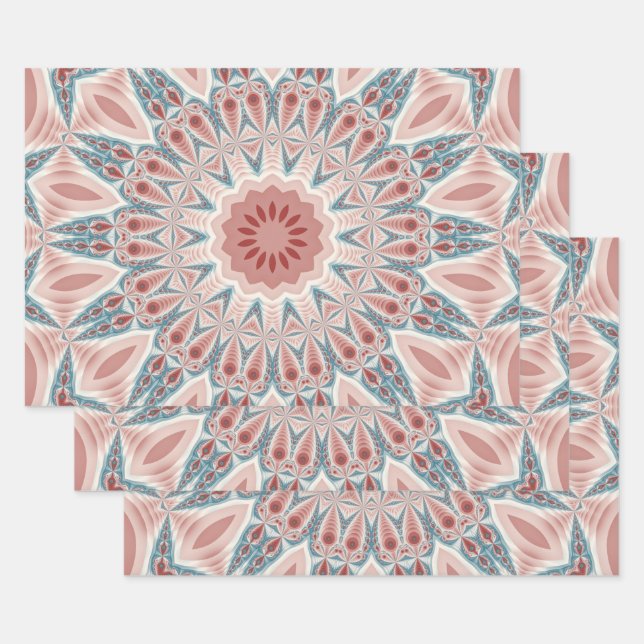 Striking Modern Kaleidoscope Mandala Fractal Art Wrapping Paper Sheets (Set)
