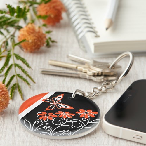 Striking Orange Butterfly and Flowers on Black Keychain