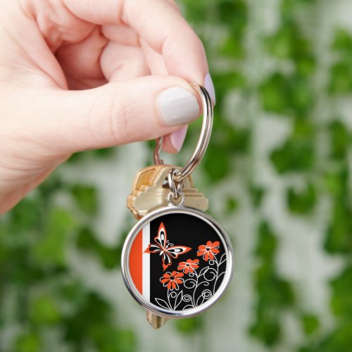 Striking Orange Butterfly and Flowers on Black Keychain