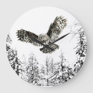 Striking Owl Bird Watercolor in beautiful snowy Large Clock